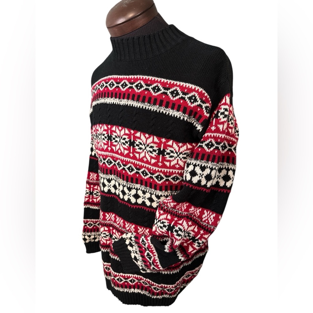 Fair Isle Nordic Sweater Crew Neck Black Red Cream Mens L Cotton Blend EUC